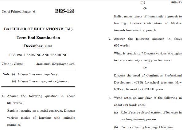 IGNOU BES 123 Previous Years Solved Question Papers (December 2021) (B.ED.)