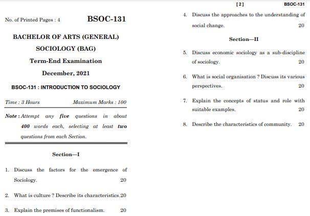 IGNOU BSOC 131 Previous Years Solved Question Papers (December 2021) (BAG Sociology)