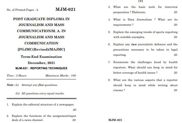 IGNOU MJM 21 Previous Years Solved Question Papers (December 2021) (MAJMC)