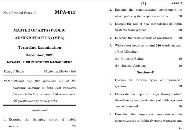 IGNOU MPA 13 Previous Years Solved Question Papers (December 2021) (MA Public Administration)