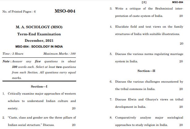 IGNOU MSO 4 Previous Years Solved Question Papers (December 2021) (MA Sociology)