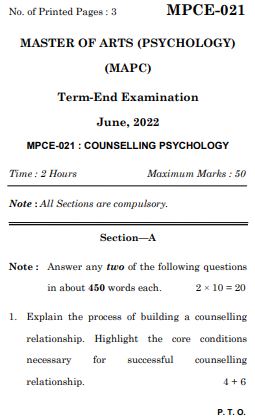 IGNOU MPCE 21 Previous Years Solved Question Papers (June 2022) (MA Counselling Psychology)