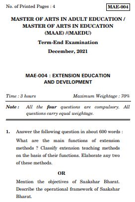 IGNOU MAE 4 Previous Years Solved Question Papers (December 2021) (MAAE)