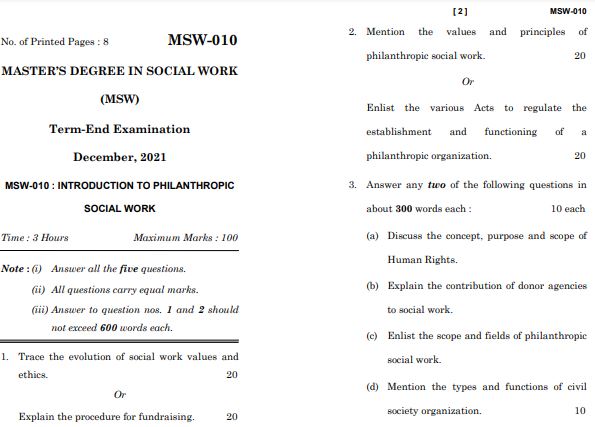 IGNOU MSW 10 Previous Years Solved Question Papers (December 2021) (MSW)