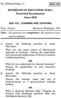 IGNOU BES 123 Previous Years Solved Question Papers (June 2022) (BED)