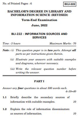 IGNOU BLI 222 Previous Years Solved Question Papers (June 2022) (BLIS)