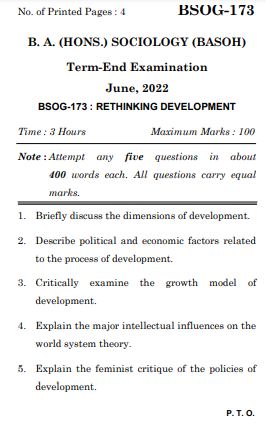 IGNOU BSOG 173 Previous Years Solved Question Papers (June 2022) (BAG Sociology)