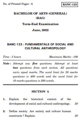 IGNOU BANC 133 Previous Years Solved Question Papers (June 2022) (BAG Anthropology)