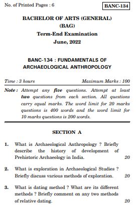IGNOU BANC 134 Previous Years Solved Question Papers (June 2022) (BAG Anthropology)