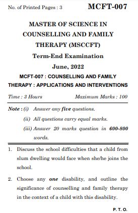 IGNOU MCFT 7 Previous Years Solved Question Papers (June 2022) (MSCCFT)
