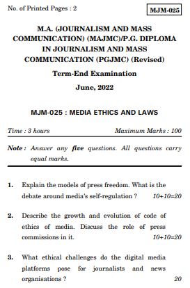 IGNOU MJM 25 Previous Years Solved Question Papers (June 2022) (MAJMC)