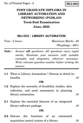 IGNOU MLI 2 Previous Years Solved Question Papers (June 2022) (PGDLAN)