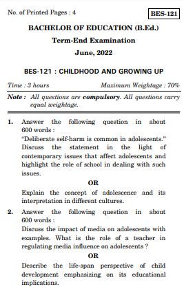 IGNOU BES 121 Previous Years Solved Question Papers (June 2022) (BED Hindi)