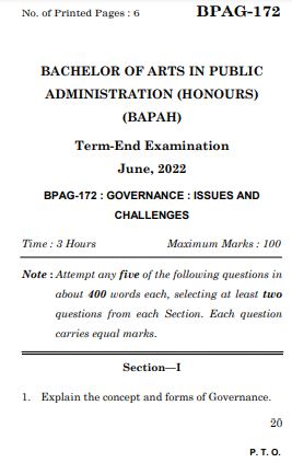 IGNOU BPAG 172 Previous Years Solved Question Papers (June 2022) (BAG Public Administration)