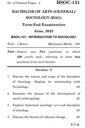 IGNOU BSOC 131 Previous Years Solved Question Papers (June 2022) (BAG Sociology)
