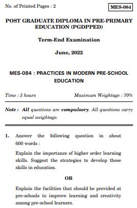 IGNOU MES 84 Previous Years Solved Question Papers (June 2022) (PGDPPED)
