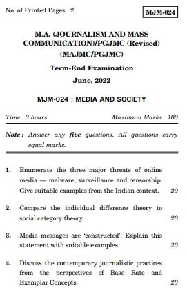 IGNOU MJM 24 Previous Years Solved Question Papers (June 2022) (MAJMC)