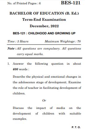 IGNOU BES 121 Previous Years Solved Question Papers (December 2022) (BED)
