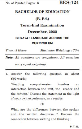 IGNOU BES 124 Previous Years Solved Question Papers (December 2022) (BED)