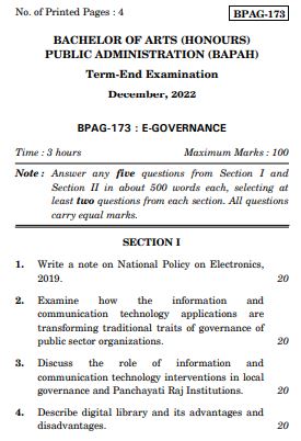 IGNOU BPAG 173 Previous Years Solved Question Papers (December 2022) (BAG Public Administration)