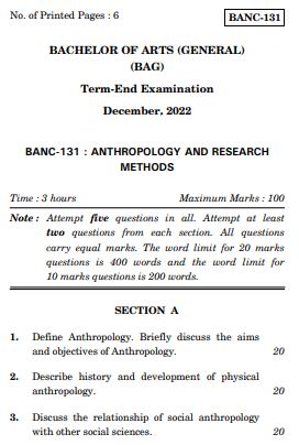 IGNOU BANC 131 Previous Years Solved Question Papers (December 2022) (BAG Anthropology)