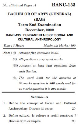 IGNOU BANC 133 Previous Years Solved Question Papers (December 2022) (BAG Anthropology)