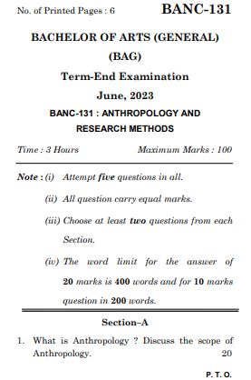 IGNOU BANC 131 Previous Years Solved Question Papers (June 2023) (BAG Anthropology)