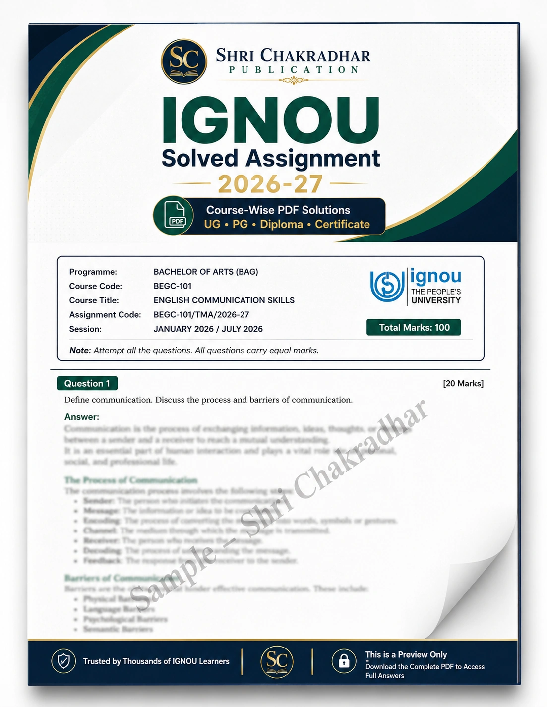Sample page of an IGNOU solved assignment PDF showing model answer and cover page