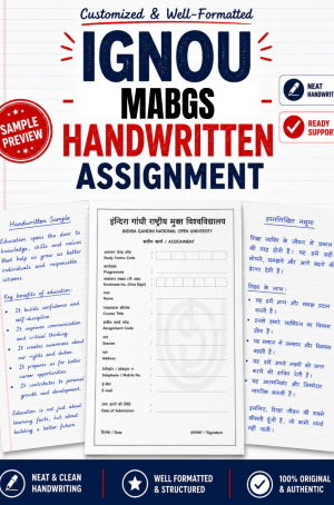 IGNOU MABGS handwritten assignment set for MBG course codes, written by hand in Devanagari on foolscap sheets with the IGNOU front page
