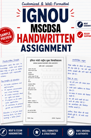 IGNOU MSCDSA handwritten assignment set on plain sheets with a filled IGNOU-format cover page and the MCS-061 question paper, ₹320 per subject