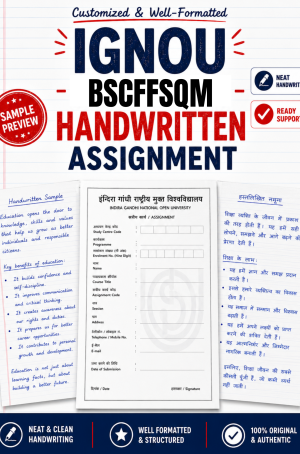 IGNOU BSCFFSQM handwritten assignment set on foolscap sheets with IGNOU-format front page and BPVC question paper, ₹320 per subject