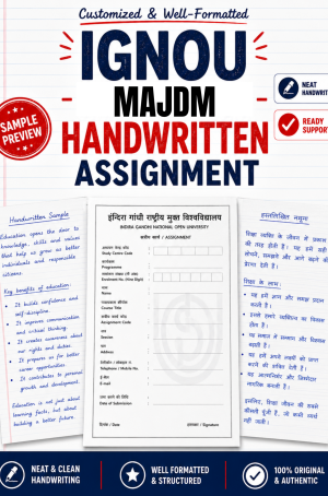 IGNOU MAJDM handwritten assignment set on A4 with IGNOU-format front page and MNM question paper, ₹320 per subject