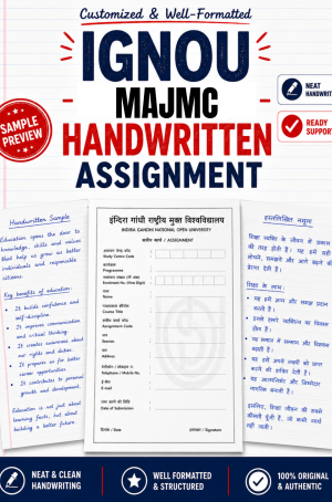 IGNOU MAJMC handwritten assignment set on A4 with IGNOU-format front page and MJM question paper, ₹320 per subject