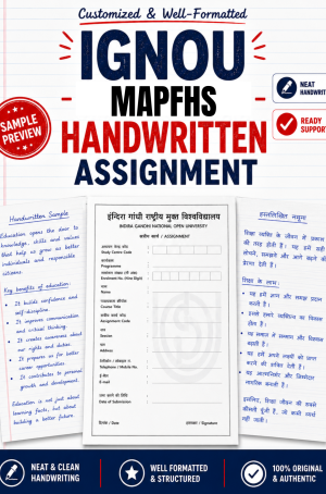 IGNOU MAPFHS handwritten assignment set on A4 with IGNOU-format front page and a MEDS question paper, ₹320 per subject