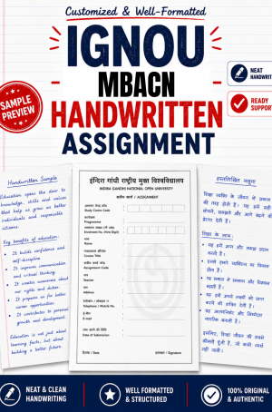 IGNOU MBACN handwritten assignment set on A4 with the IGNOU-format front page and the MMPN construction paper, ₹320 per subject