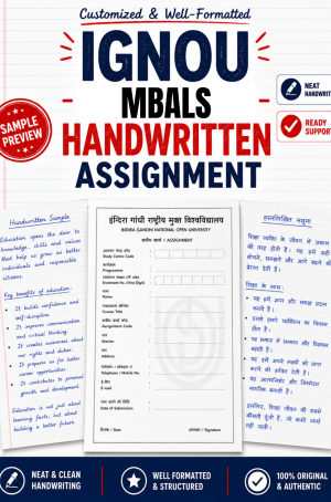 IGNOU MBALS handwritten assignment set on A4 with IGNOU-format front page and MMPL question paper, ₹320 per subject