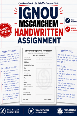 IGNOU MSCANCHEM handwritten assignment set on foolscap sheets with IGNOU-format front page and MCH question paper, ₹320 per subject