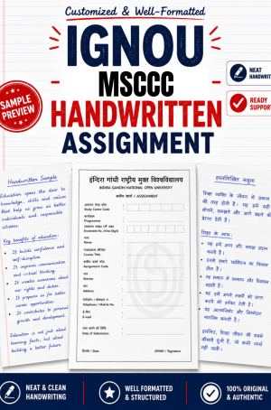 IGNOU MSCCC handwritten assignment set on A4 with IGNOU-format front page and a MEV 021 Introduction to Climate Change question paper, ₹320 per subject
