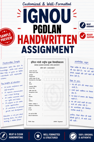 IGNOU PGDLAN handwritten assignment set written on foolscap sheets with the IGNOU-format front page and MLI course codes, priced at ₹320 per subject