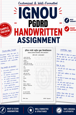 IGNOU PGDRD handwritten assignment set: A4 sheets for MRD 201, MRD 202, MRD 203 and one MRDE elective with an IGNOU-format front page, ₹320 per subject.